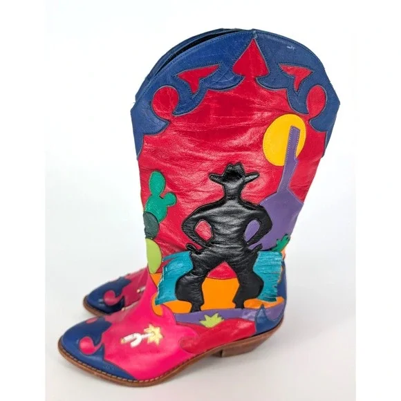 VTG Zalo Multicolor Leather Fringe Cowboy Boots 6.5 Western Boho Festival Art